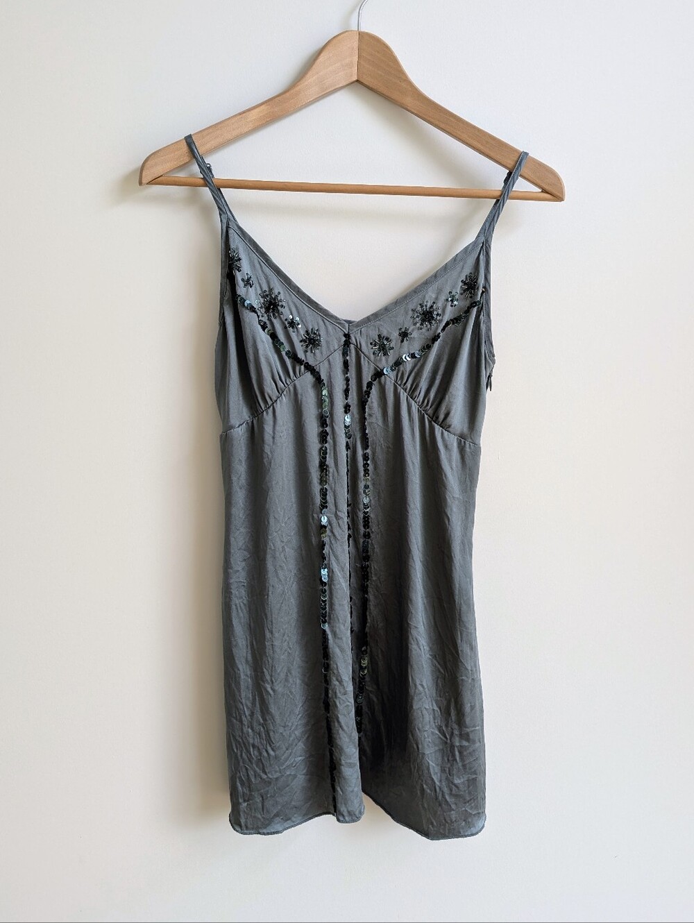 Y2K Jacob 100% Silk Babydoll Spaghetti Strap Sequin Cami Top Blue Green Small
